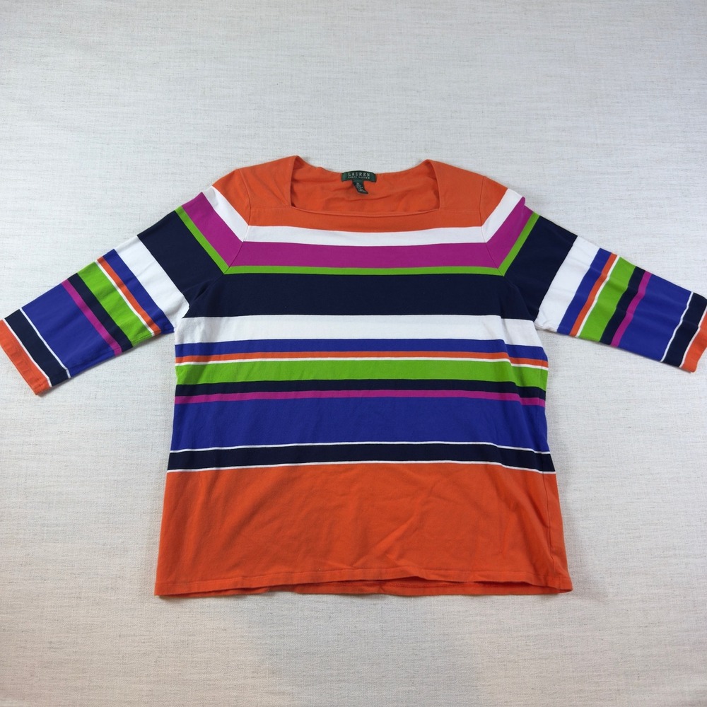 Lauren Ralph Lauren Womens 2X Striped Square Neck 3/4 Sleeve Knit Top Orange